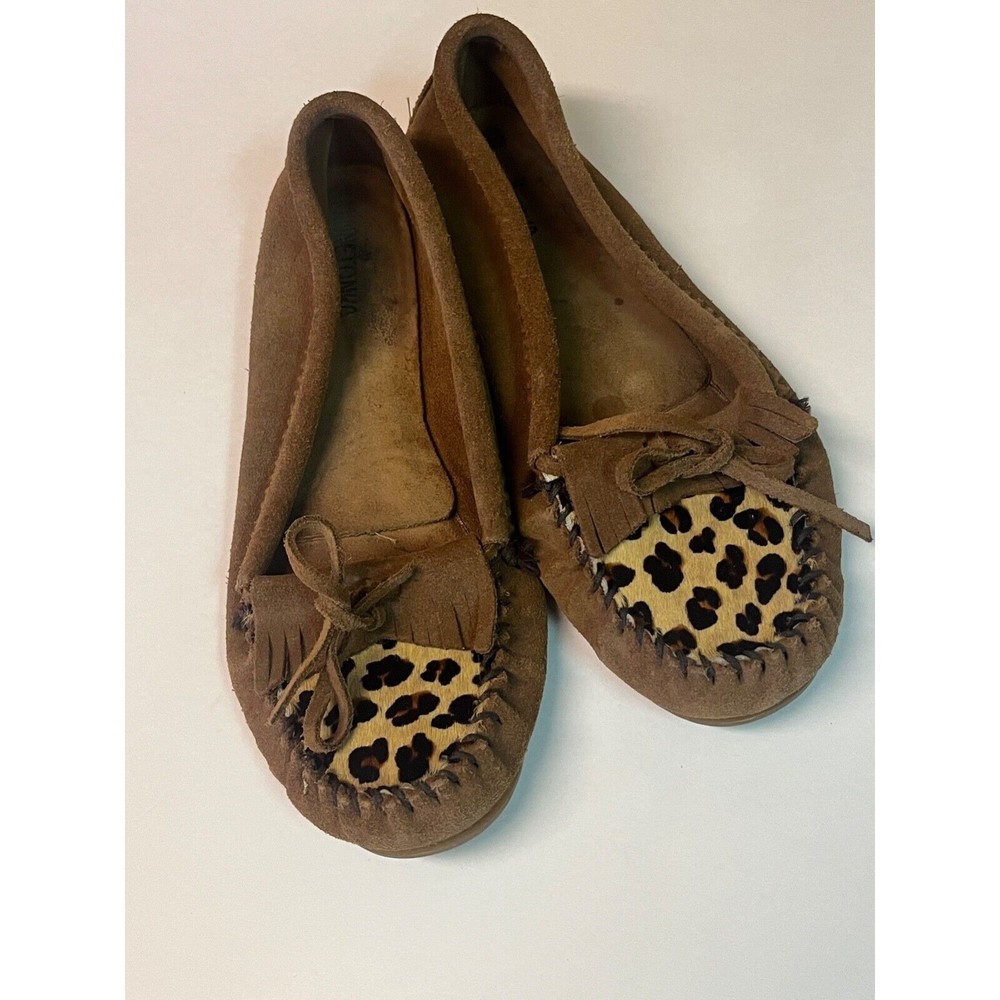 Minnetonka Moccasins Women's Sz 10 Tan Suede Leather Calf Hair Slip On's Autumn